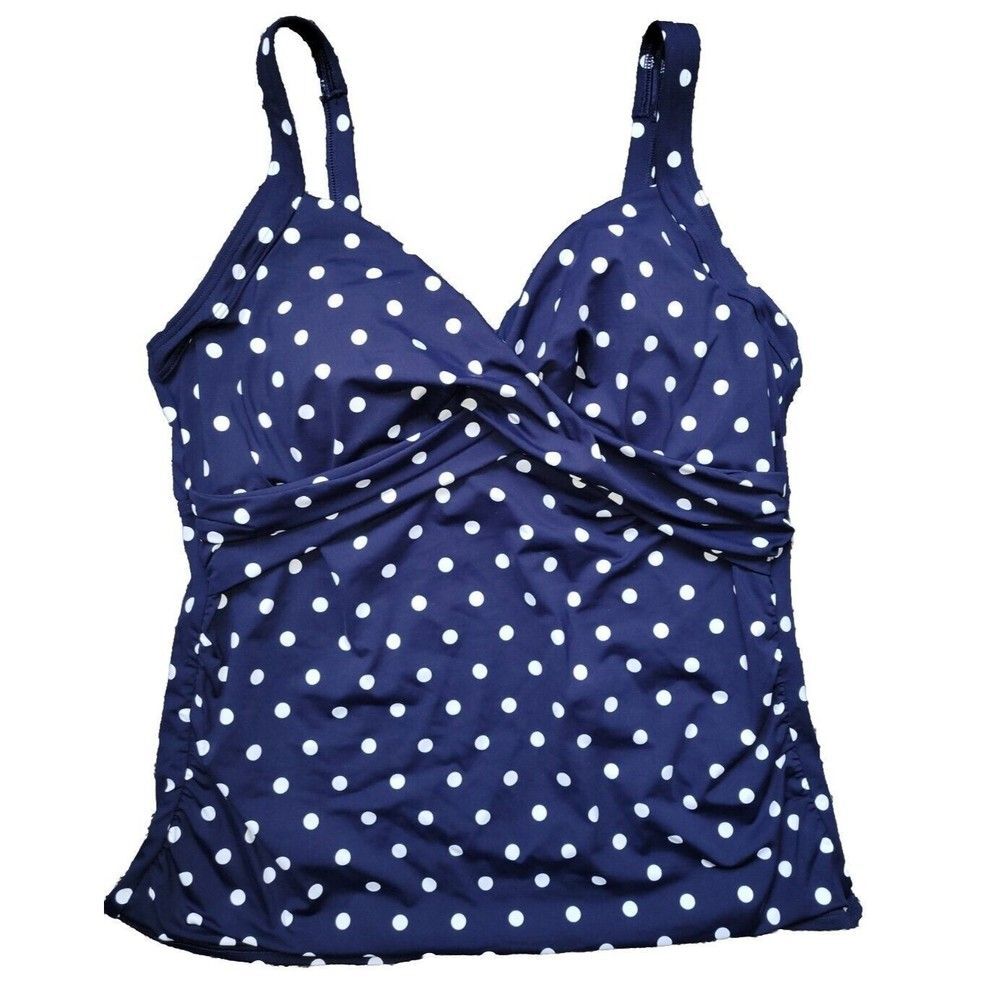 Lands' End Women's Reg 16D Wrap Front Swim Top Navy Polka Dots Tummy Control S11